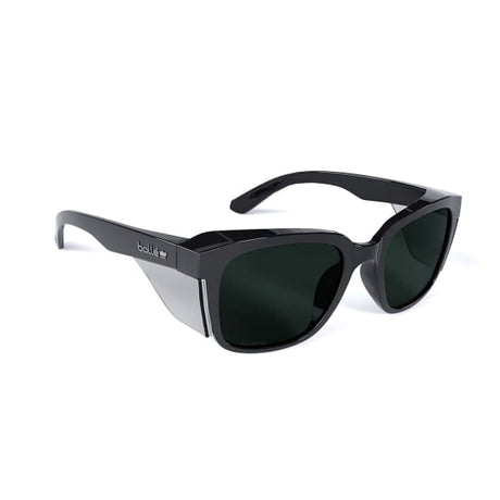 Bolle STKS 410 safety glasses with polarised lenses, black gloss frame, eco-friendly design, and integrated side-shields for protection.