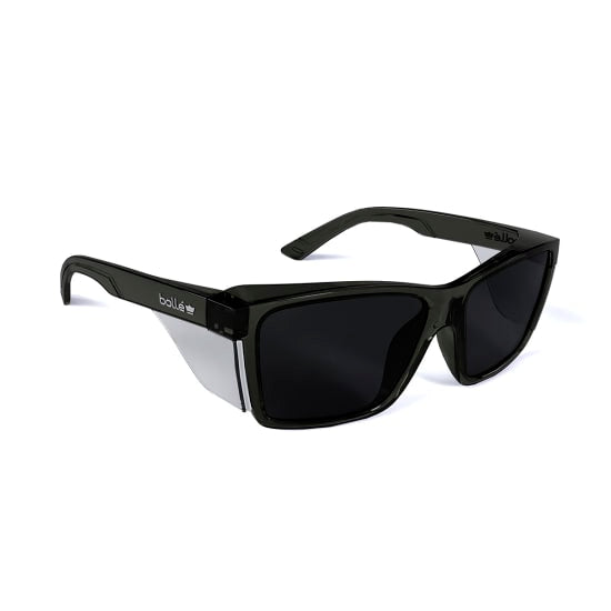 Bolle STKS 420 safety glasses with smoke lens and graphite frame, made from 65% recycled materials for style and protection.