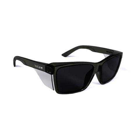 Bolle STKS 420 safety glasses with smoke lens and graphite frame, made from 65% recycled materials for style and protection.