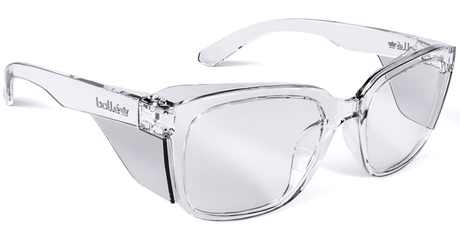 Bolle STKS 410 safety glasses with clear lens, crystal frame, eco-friendly design, integrated side-shields for full eye protection.