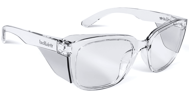 Bolle STKS 410 safety glasses with clear lens, crystal frame, eco-friendly design, integrated side-shields for full eye protection.