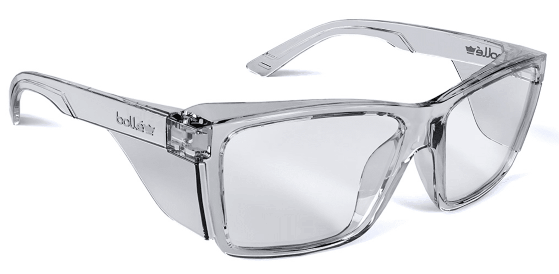 Bolle STKS 420 safety glasses with clear lenses, crystal frame, and integrated side-shields for eco-friendly eye protection.