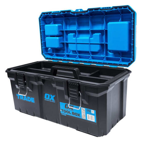 Large OX Trade Tool Storage Box with durable plastic, transparent lids, gasket seal, and inner tray for organized tool storage.