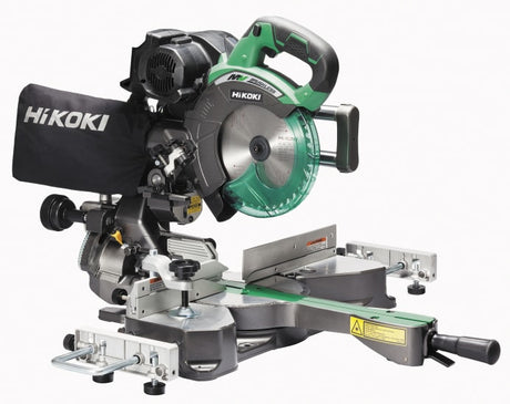 HiKOKI 36V 185mm Slide Compound Mitre Saw characterized by a compact design, laser marker, and dual bevel capabilities for precision cutting.