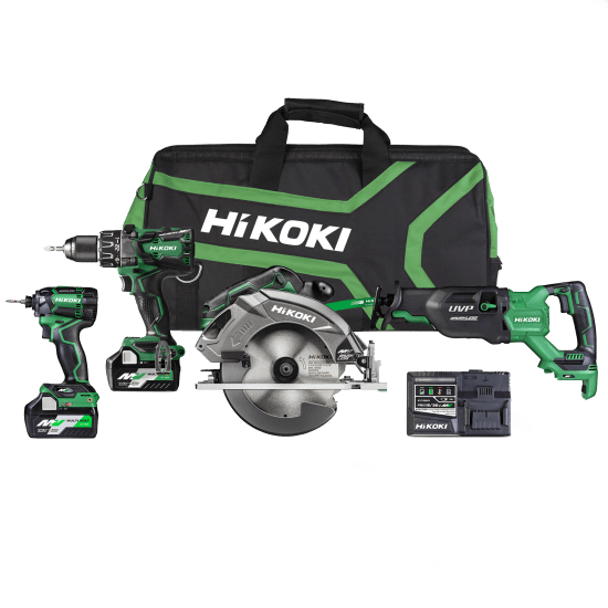 HiKOKI 36V Brushless 4 Piece KC364DE(GRZ)-Kit featuring impact drill, driver, circular saw, and sabre saw for versatile performance.