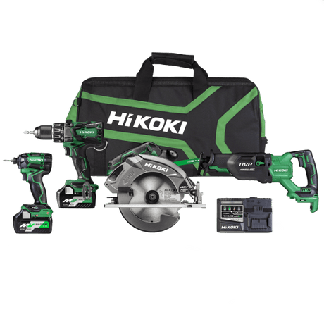 HiKOKI 36V Brushless 4 Piece KC364DE(GRZ)-Kit featuring impact drill, driver, circular saw, and sabre saw for versatile performance.