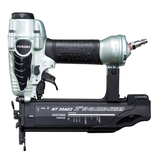 HiKOKI 50mm brad nailer with tool-less depth adjustment, slim nose for visibility, and 100 nail capacity for efficiency.