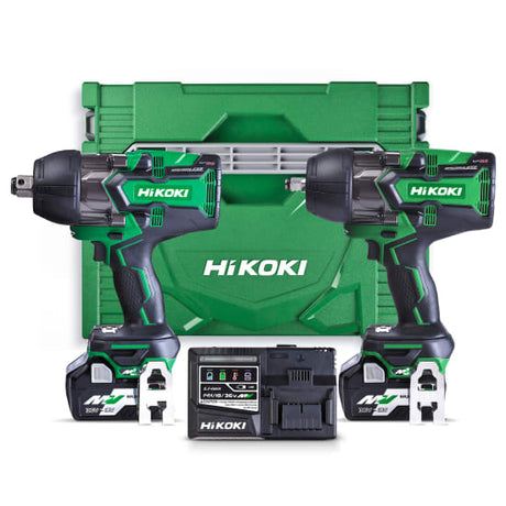 HiKOKI 36V Impact Wrench Kit with 1/2" and 3/4" wrenches, high torque, variable speed, batteries, and rapid charger included.