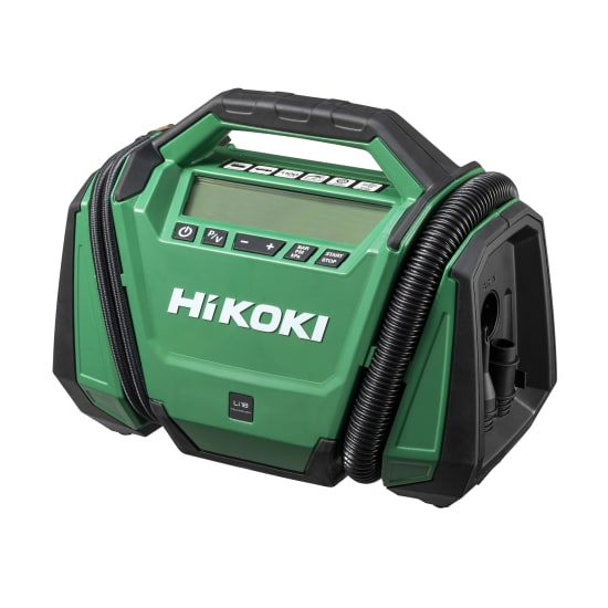 HiKOKI 18V Cordless Inflator, skin only, features IP54 durability, multi-volt battery compatibility, and powerful 2500 lumens illumination.