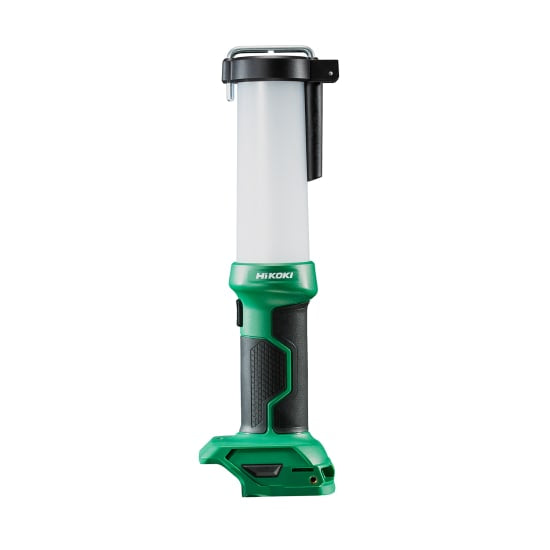 HiKOKI 18V LED Worksite Lantern with adjustable brightness, 130-degree angle, and 28-hour runtime (skin only).