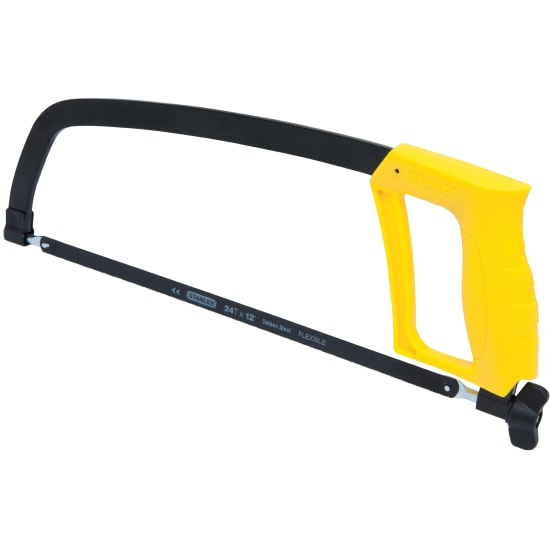 Stanley D-Shape Hacksaw - 305mm with solid frame, 4.375" cutting depth, ergonomic handle, and easy blade changes.