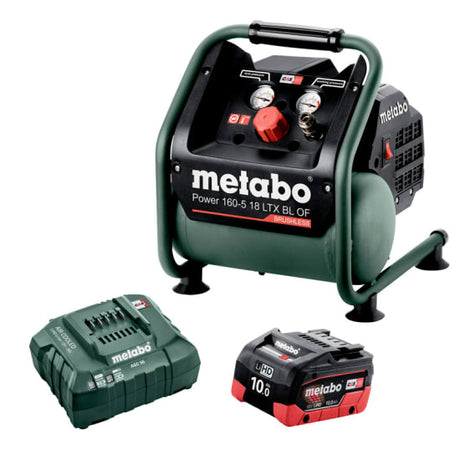 Lightweight Metabo 18V Air Compressor with brushless motor, oil-free design, ideal for construction and DIY projects.