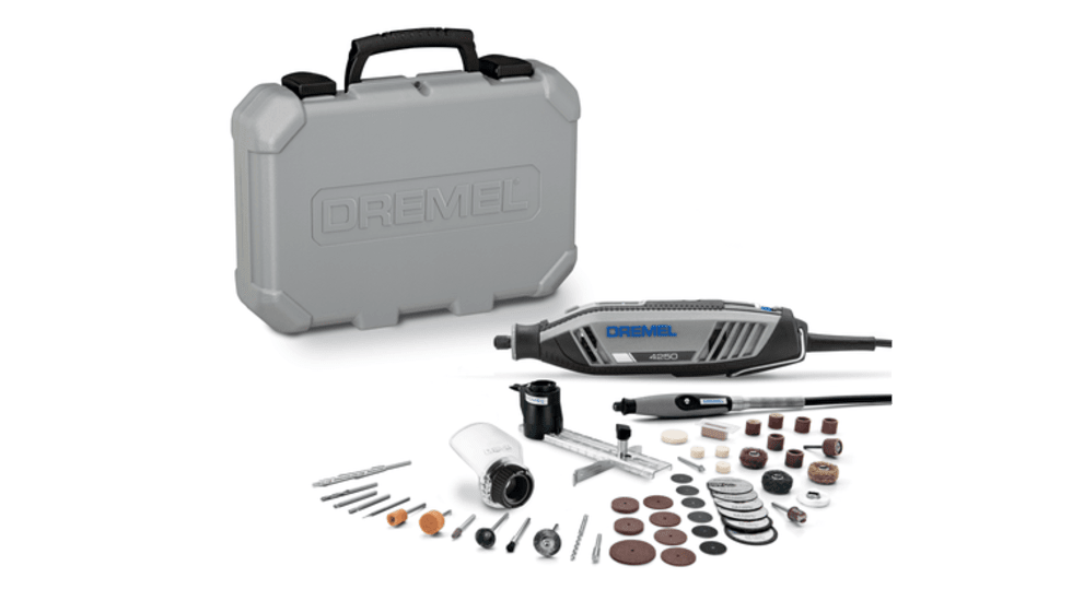 Dremel 4250 Rotary Tool Kit featuring a 175W motor, soft-grip handle, and 50 accessories for versatile DIY projects.