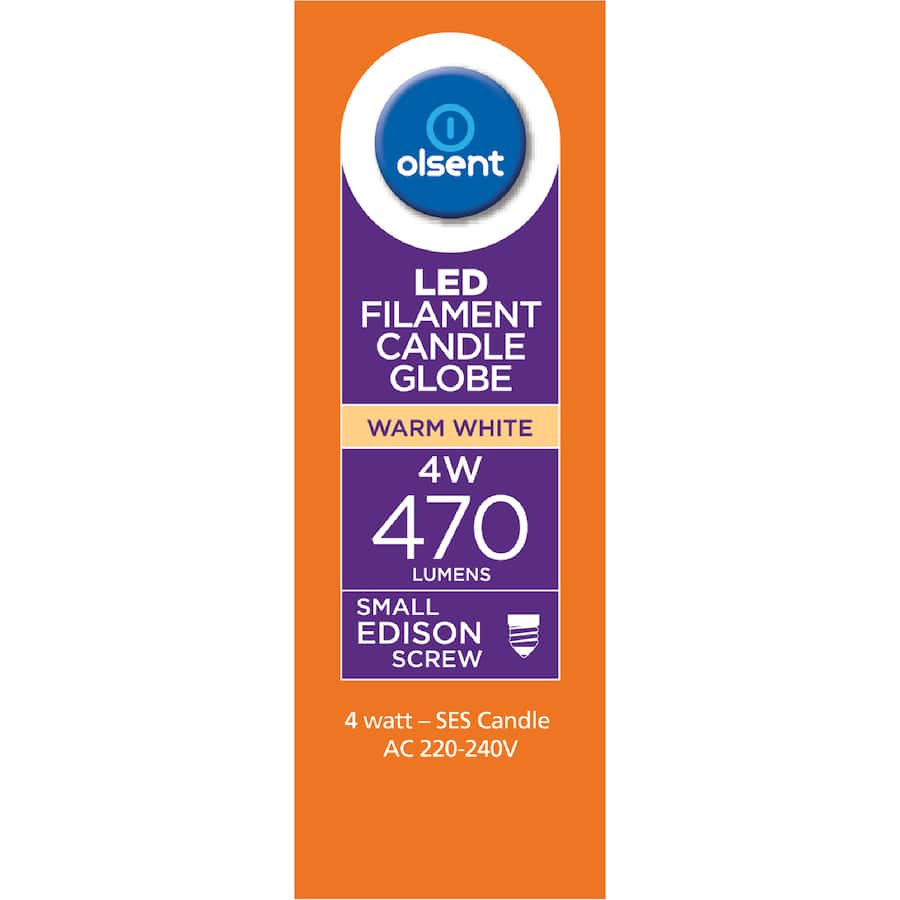 Olsent Screw Candle Bulb Led 4w 470 Lumen Warm White 2pack