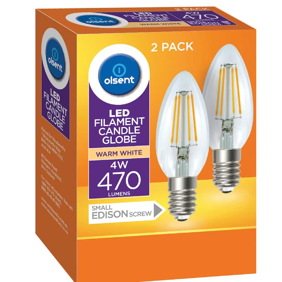 Olsent Screw Candle Bulb Led 4w 470 Lumen Warm White 2pack