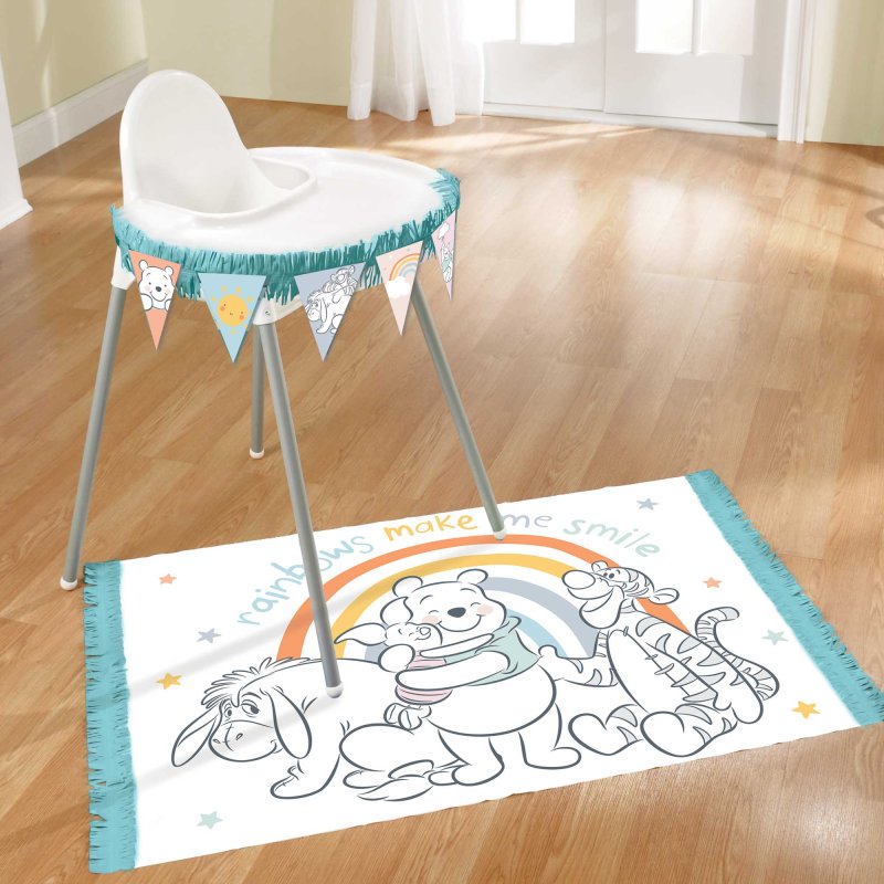 Winnie The Pooh high chair decorating kit featuring vibrant designs for a whimsical mealtime experience for kids.