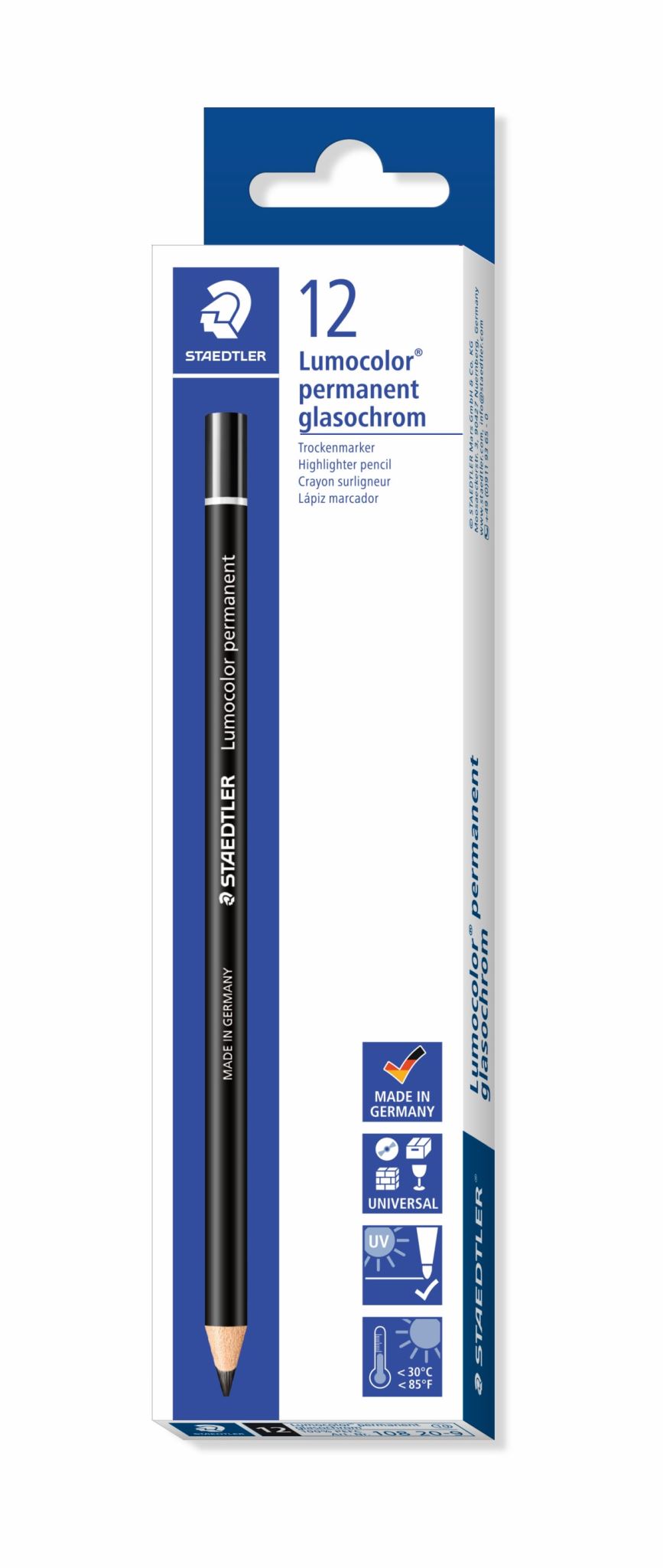 Lumocolor Glasochrom Permanent Pencil - Black (Pack of 12)
