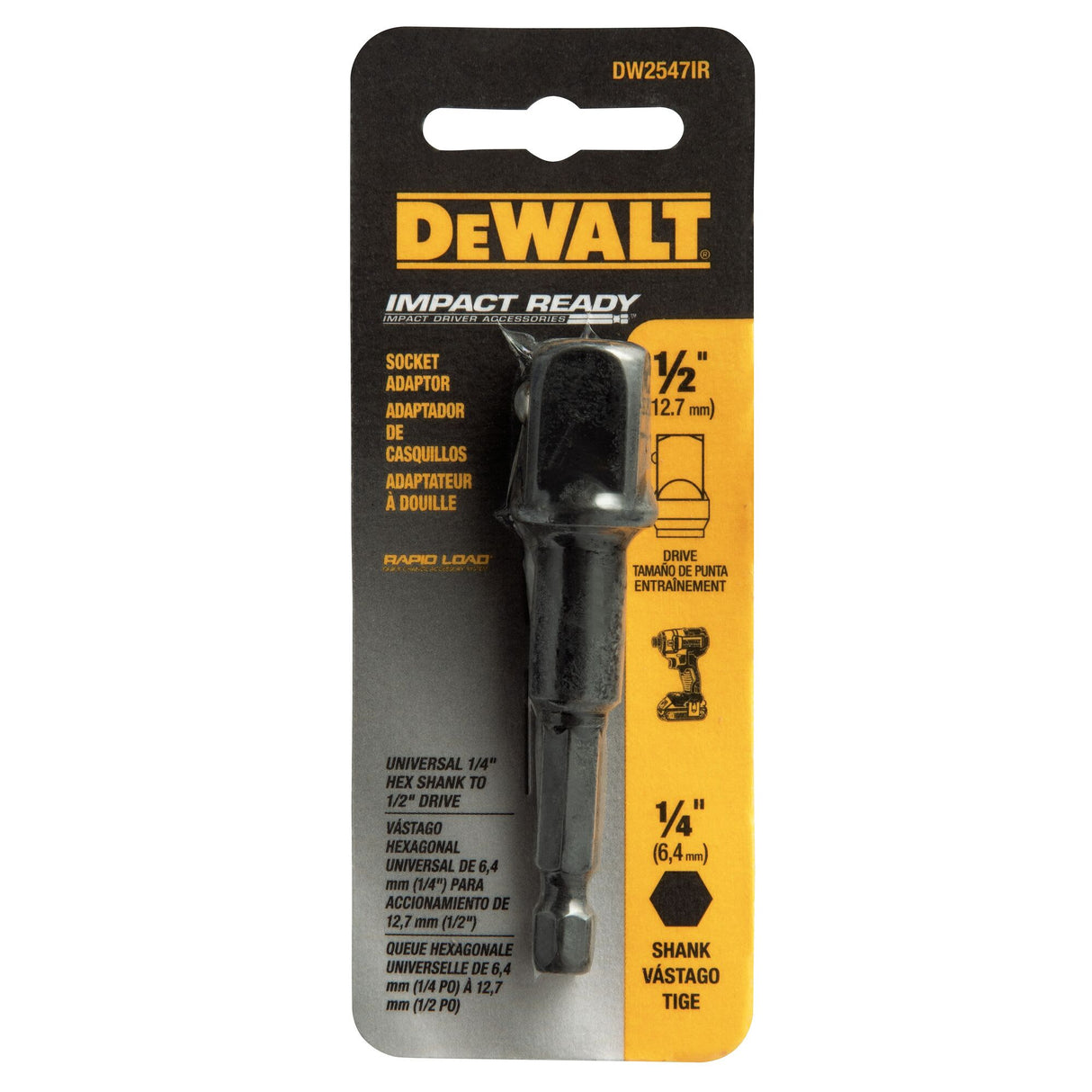 DeWalt SQ Impact Ready Socket Adapter 1/4" HEX TO 1/2"