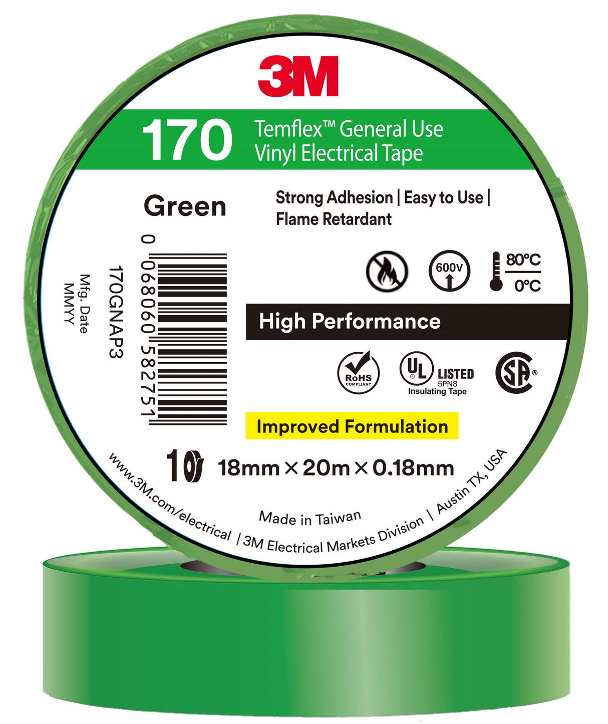 3M Temflex Vinyl Electrical Tape 170 Green 18mm x 20m