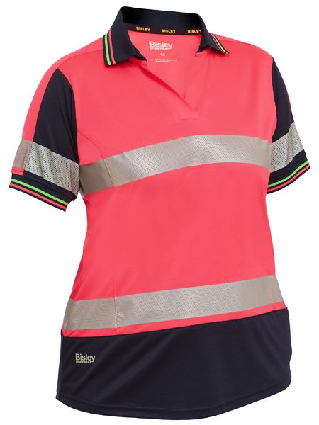 Bisley, Women's Hi Vis Short Sleeve V-Neck Polo - PINK/NAVY (Size: 24)