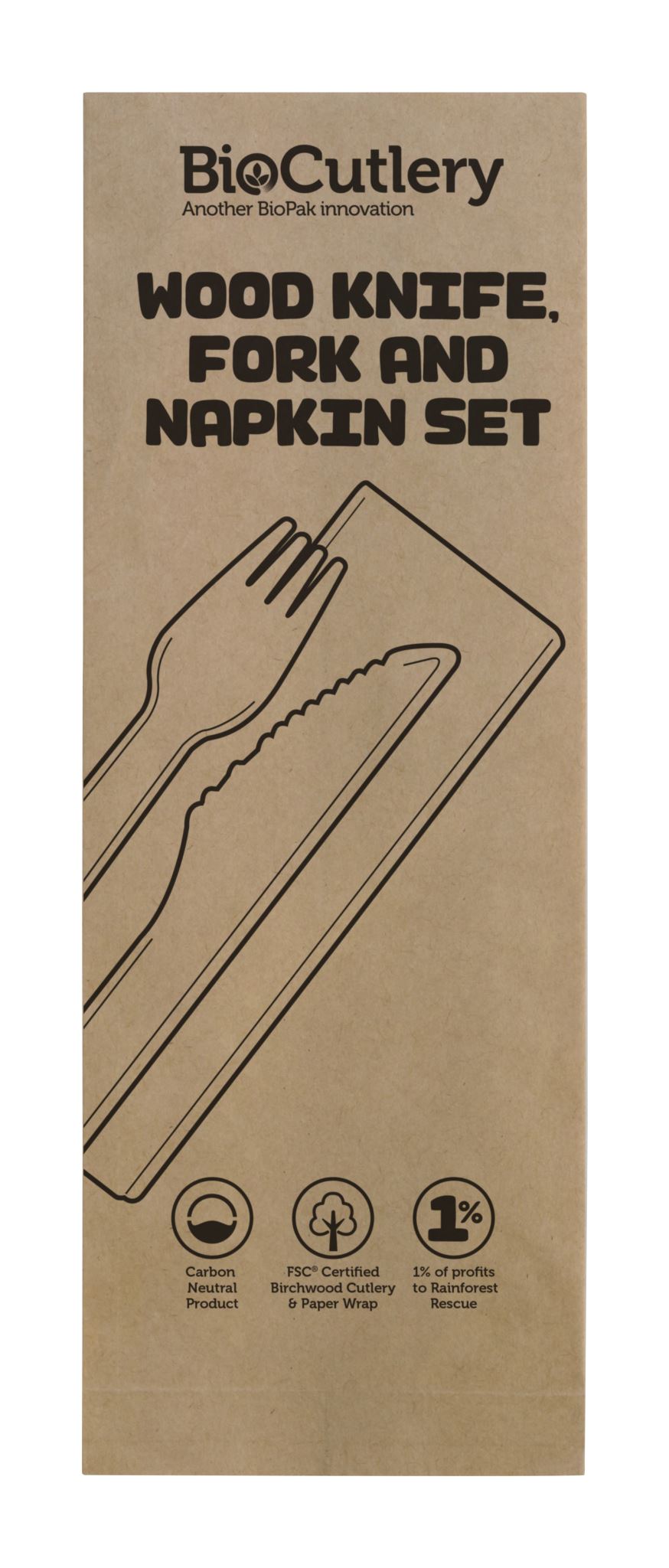BioPak Wood Knife, Fork & Napkin Set 16cm 400 (Case)