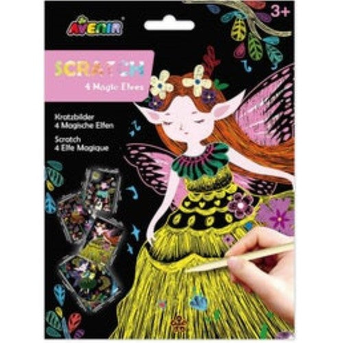 Avenir Scratch 4 Magic Elves kit featuring 4 vibrant scratch sheets and a stick for creative art fun, ideal for kids 3+.