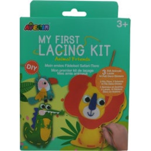 A child stitching together colorful fabric pieces to create a plush animal using the Avenir My First Lacing Kit.