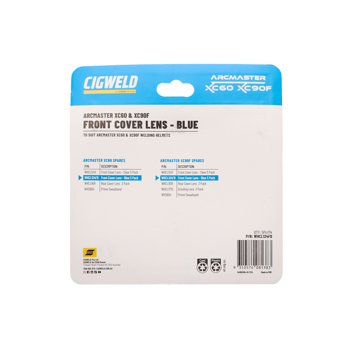 Arcmaster Front Cover Lens Blue XC60 XC90F Pack of 5 (Pack) - Cigweld