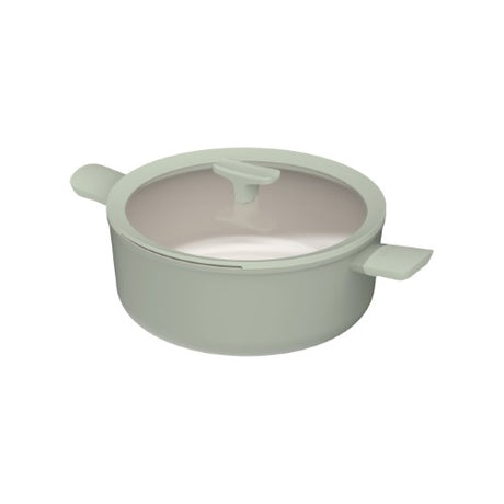 Sleek 28cm Berghoff Balance Sage stockpot, eco-friendly, with CeraGreen non-stick, glass lid, and stay-cool handles.