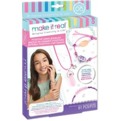 Colorful DIY jewelry kit for ages 8+, including beads and charms to create 3 bracelets and 1 necklace for positive expression.