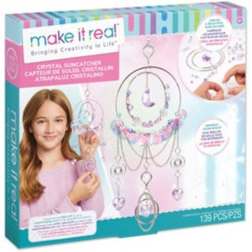 Colorful sun-catcher craft kit for tweens with crystal gems, moon and heart pendants, and a PlayTray for easy assembly.