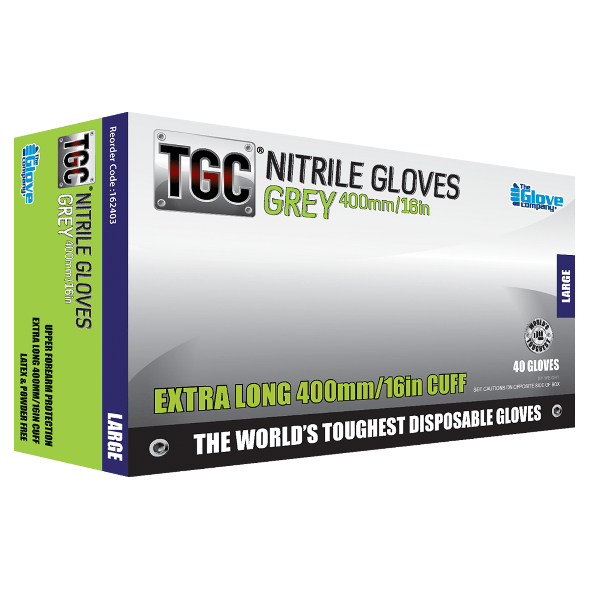 TGC Xtra Long Nitrile Gloves Powder Free Grey 400mm, Large (Pack of 40)