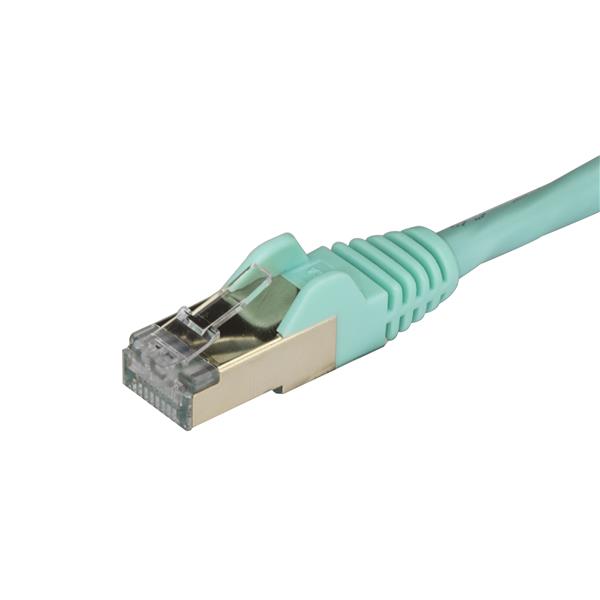 Aqua 1.5 m CAT6a shielded patch cable with gold connectors, snagless design for high-speed 10 Gigabit network connections.