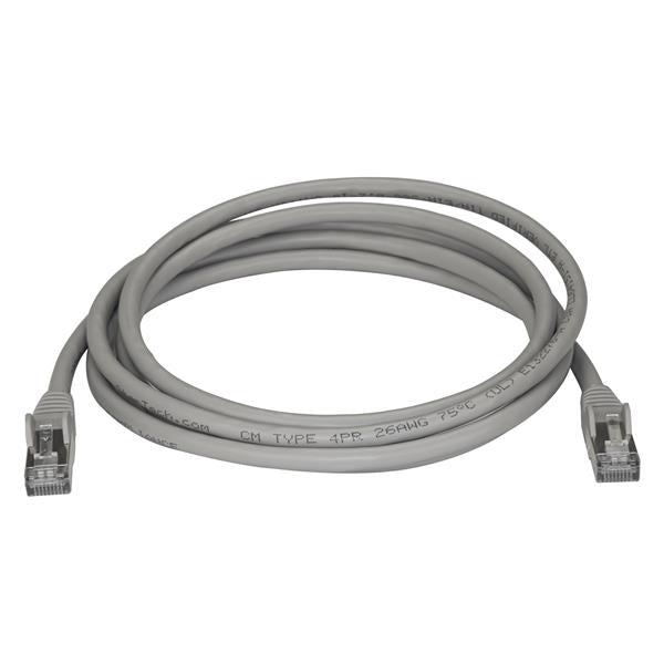 Gray 2m Cat6a Ethernet cable with shielded STP design for reliable 10Gb connections, equipped with snagless RJ45 clips.