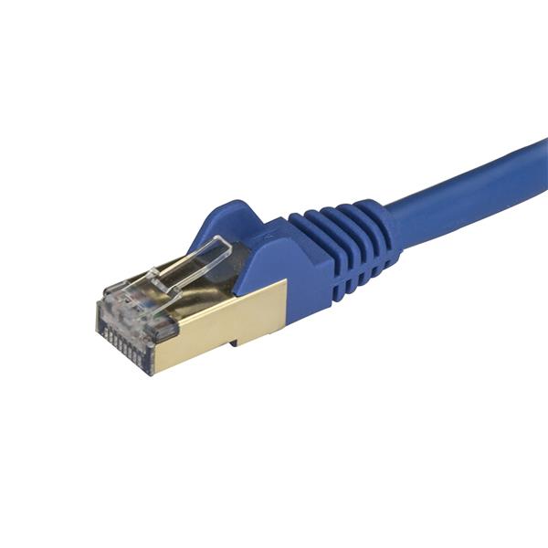 Blue 2m Cat6a Ethernet cable, shielded to reduce EMI, equipped with 50-micron gold connectors for optimal signal integrity.