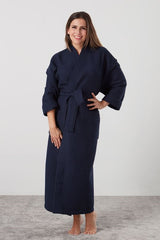 Navy waffle kimono robe by BAKSANA, features two pockets, waist tie, and fits all for comfort after showers or spa.