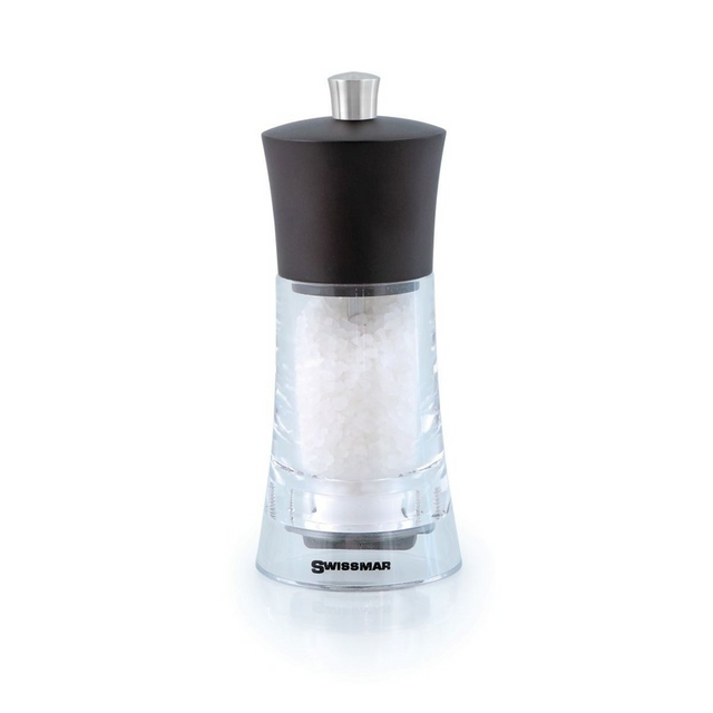 Stylish 15cm acrylic salt and spice mill with a wood top and adjustable ceramic grinding mechanism for versatile seasoning.