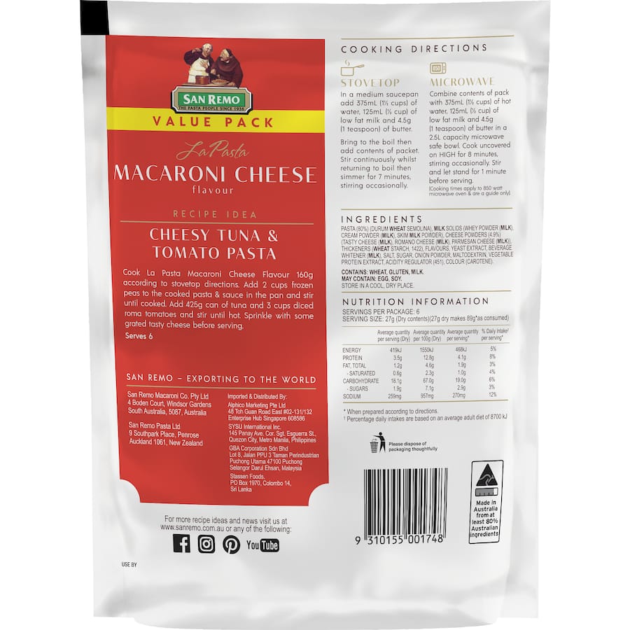 San Remo La Pasta Pasta & Sauce Macaroni Cheese 160g