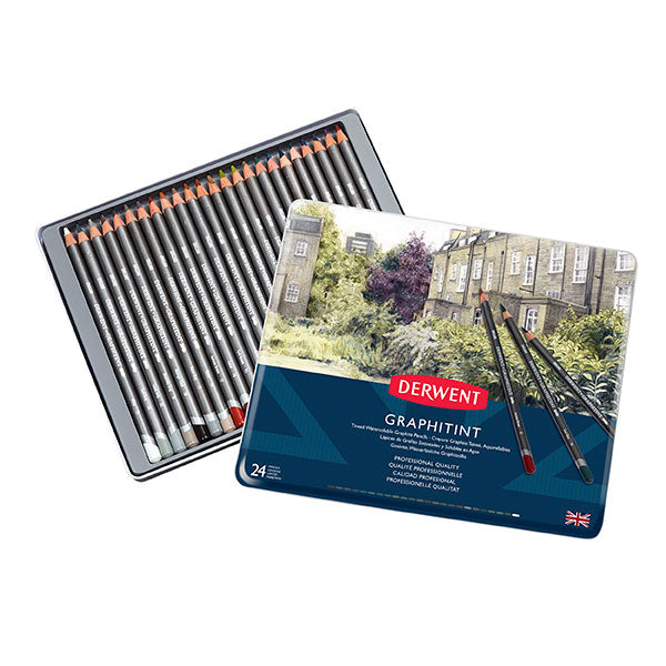 Derwent Graphitint Pencil 24 Tin featuring 24 round, versatile water-soluble pencils in a sleek grey metallic case.