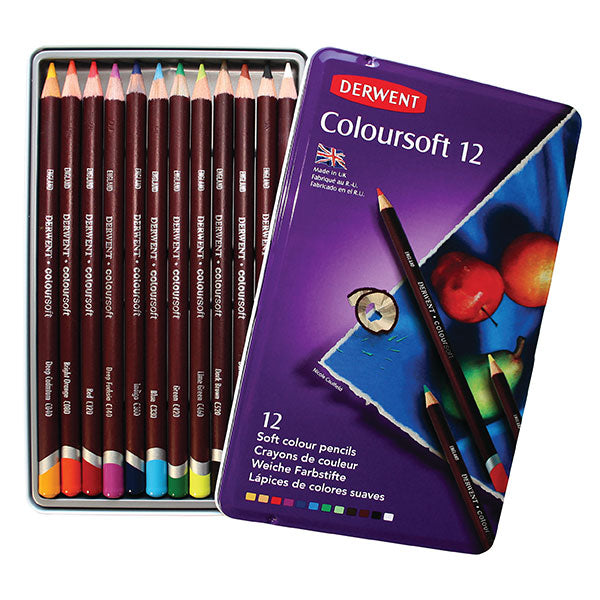 Vibrant Derwent Coloursoft 12 Tin set featuring soft, blendable colored pencils ideal for artists and hobbyists.