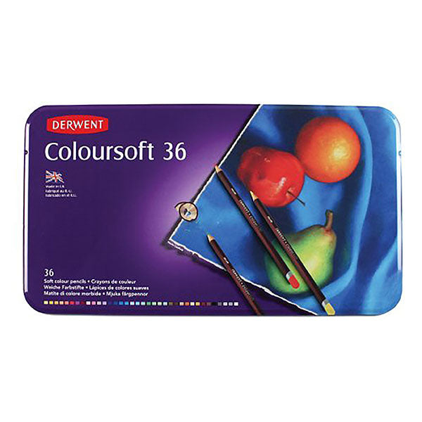 Vibrant Derwent Coloursoft 36 Tin features soft colored pencils for easy blending, perfect for artists of all levels.