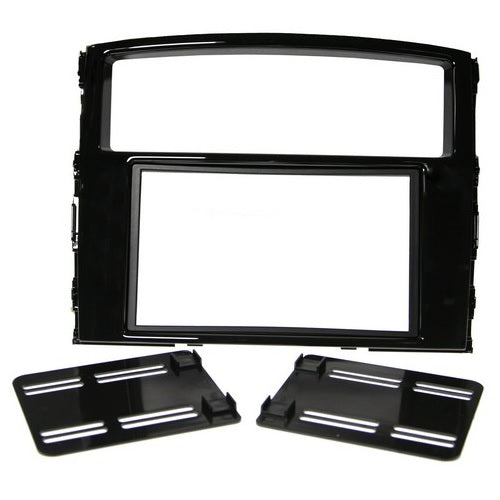 Facia Double Din Gloss Black for Mitsubishi Pajero, features durable ABS, sleek finish, and easy installation brackets.