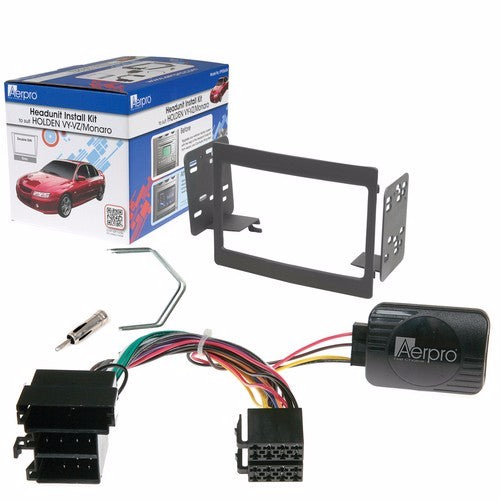 Facia Install Kit D/Din Grey for Holden VY/VZ, includes a grey facia, steering wheel control harness, and removal keys.