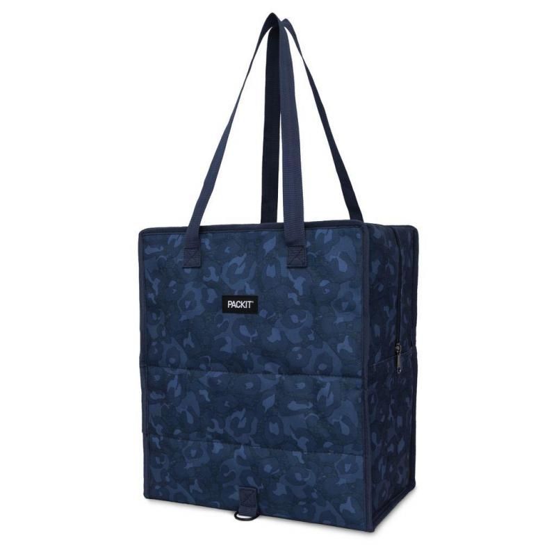 PackIt navy freezable grocery tote keeps perishable items cool with built-in gel; eco-friendly and easy to store.