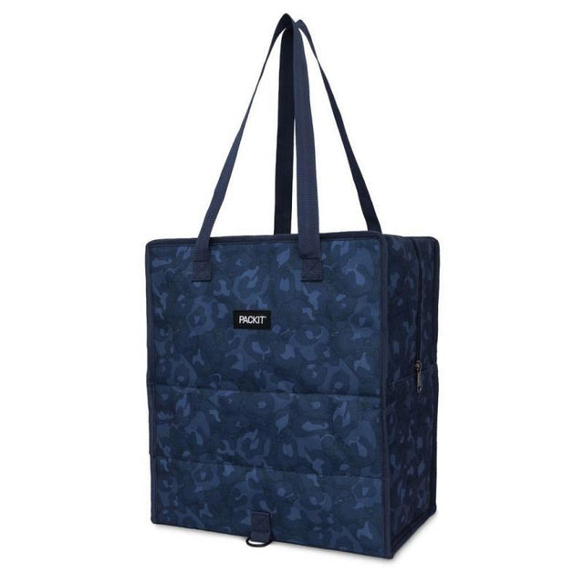PackIt navy freezable grocery tote keeps perishable items cool with built-in gel; eco-friendly and easy to store.