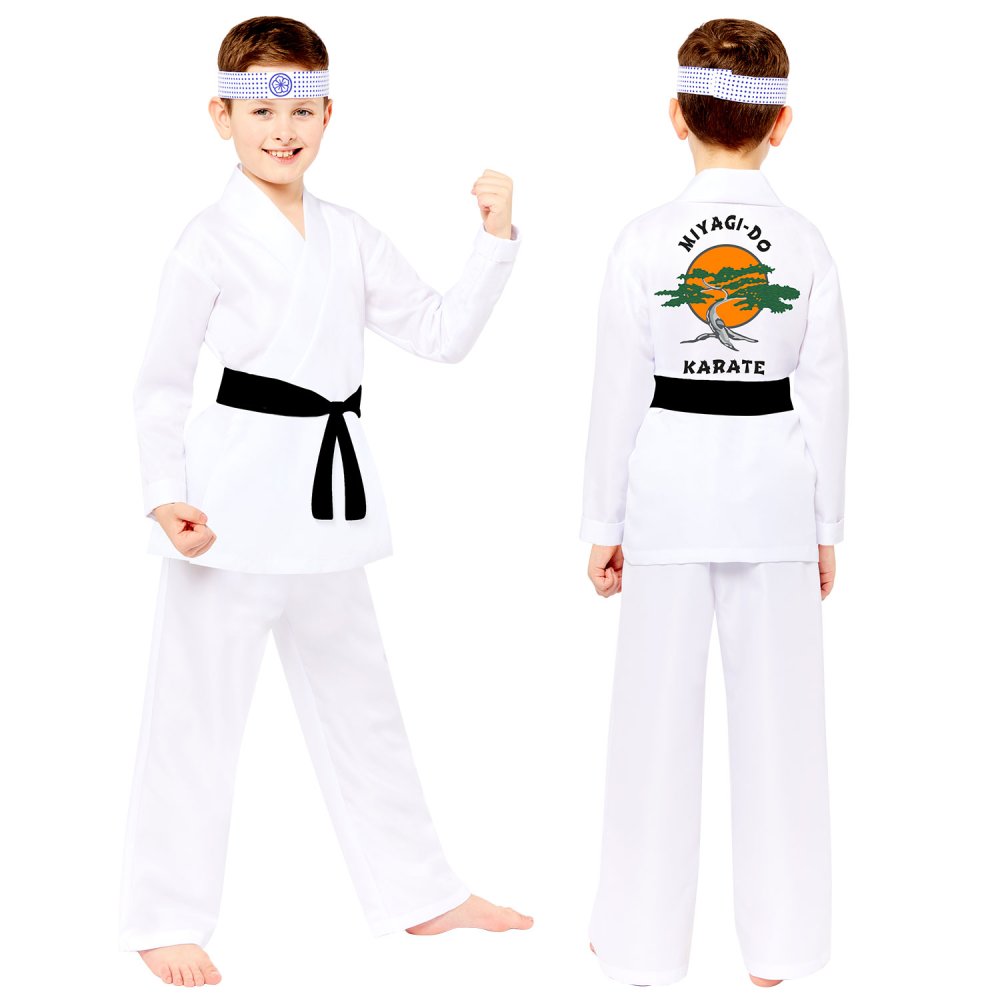 Costume set for kids aged 10-12 featuring top, trousers, belt, and headband for aspiring young martial artists.