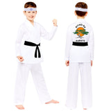 Costume set for kids aged 10-12 featuring top, trousers, belt, and headband for aspiring young martial artists.