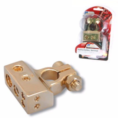 Gold-plated 4-way positive battery terminal by Aerpro, compatible with various cable sizes and 15mm terminals.