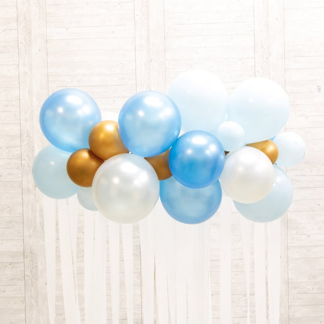 Botanical Celebration Blue Balloon Garland Kit featuring blue, gold, and white balloons for elegant event decor.