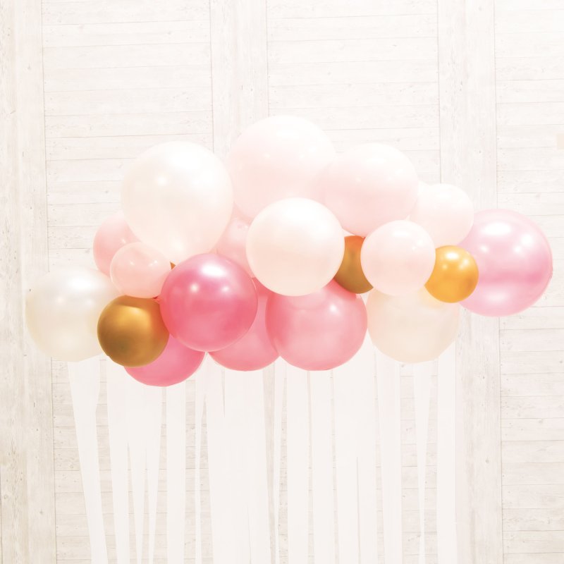 Botanical Celebration Pink Balloon Garland Kit featuring pink and white balloons with streamers for elegant event decor.